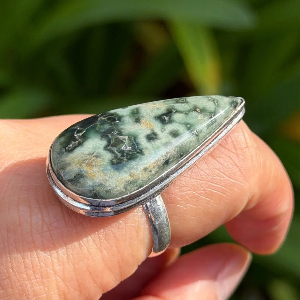Size 9.75 925 silver‎ plated green ocean jasper ring 0871